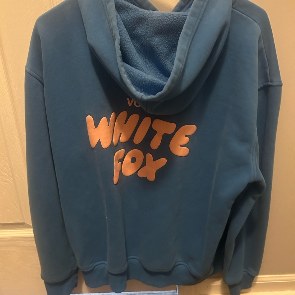 White Fox Boutique Blue Hoodie Sweater with Pink Logo